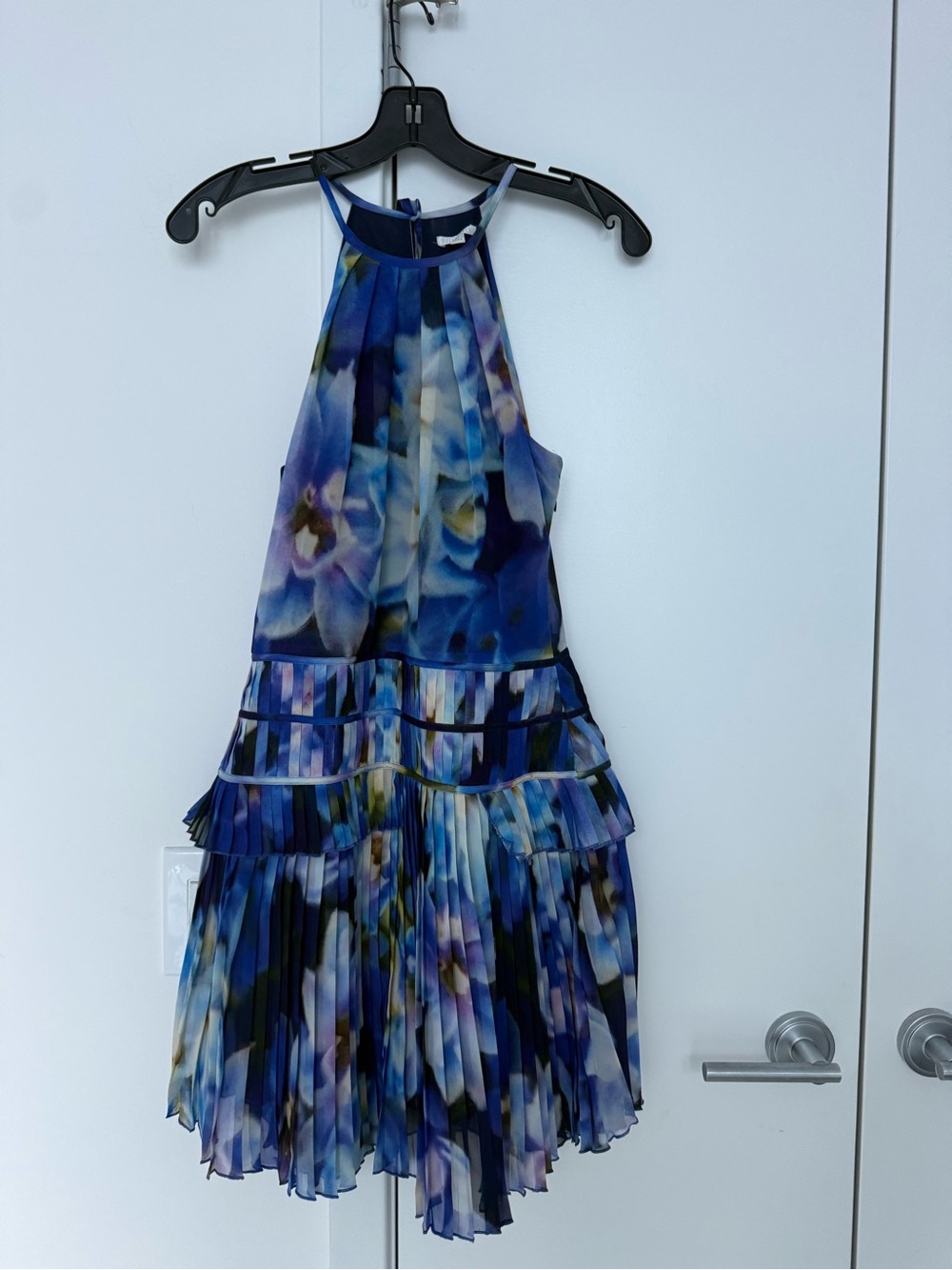 INTERMIX Blue Exploded photo Floral Halter Pleated Dress